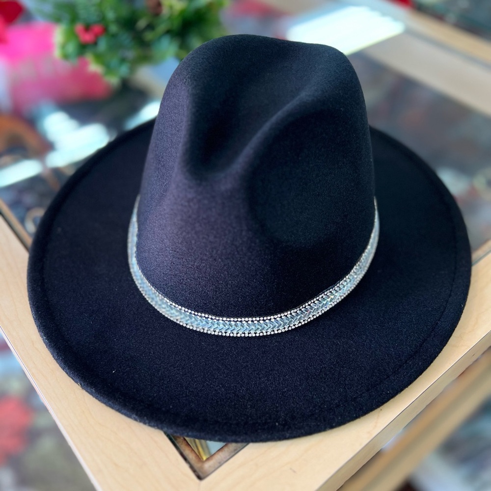 Black fedora with rhinestone brim
